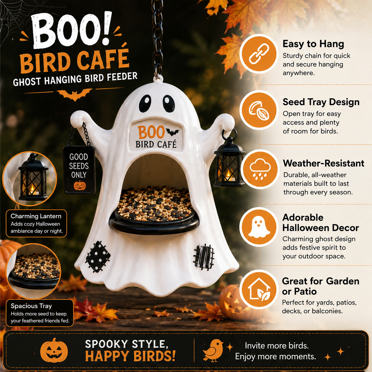 🎁Last Day 60% OFF - 👻 Boo Bird Café – Halloween Ghost Bird Feeder with Lantern, Hanging Sign & Seed Tray
