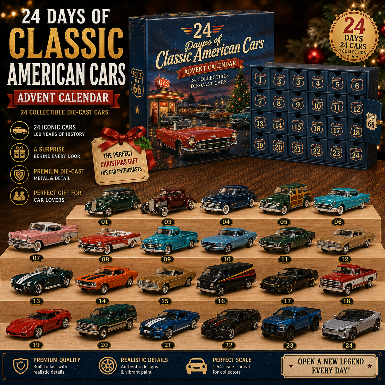 🚗🎁24 Days of American Car Legends Advent Calendar – 24 Collectible Rides for Car Lovers