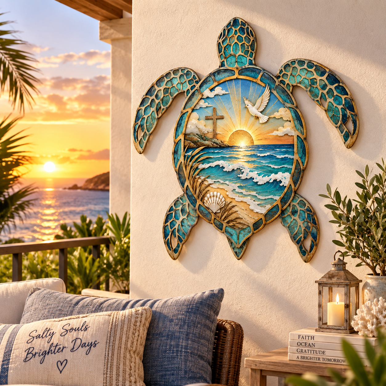 🌊 Faith Meets the Ocean™ Sea Turtle Wall Art – Sunrise, Cross & Dove Coastal Decor