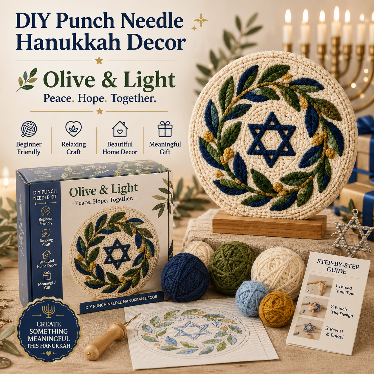 🧵 DIY Hanukkah Punch Needle Decor Kit – 6 Festive Designs