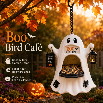 🎁Last Day 60% OFF - 👻 Boo Bird Café – Halloween Ghost Bird Feeder with Lantern, Hanging Sign & Seed Tray