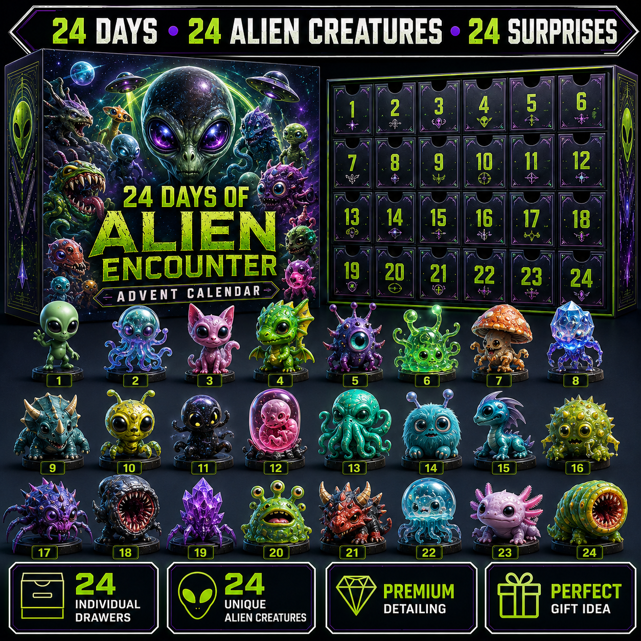 🚀 24 Days of Retro Cosmic Adventures Advent Calendar Collection – 24 Unique Collectibles in Every Set