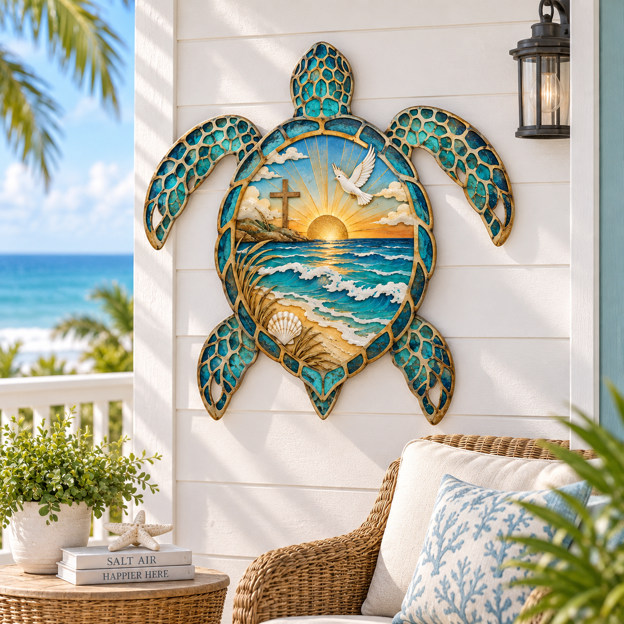 🌊 Faith Meets the Ocean™ Sea Turtle Wall Art – Sunrise, Cross & Dove Coastal Decor
