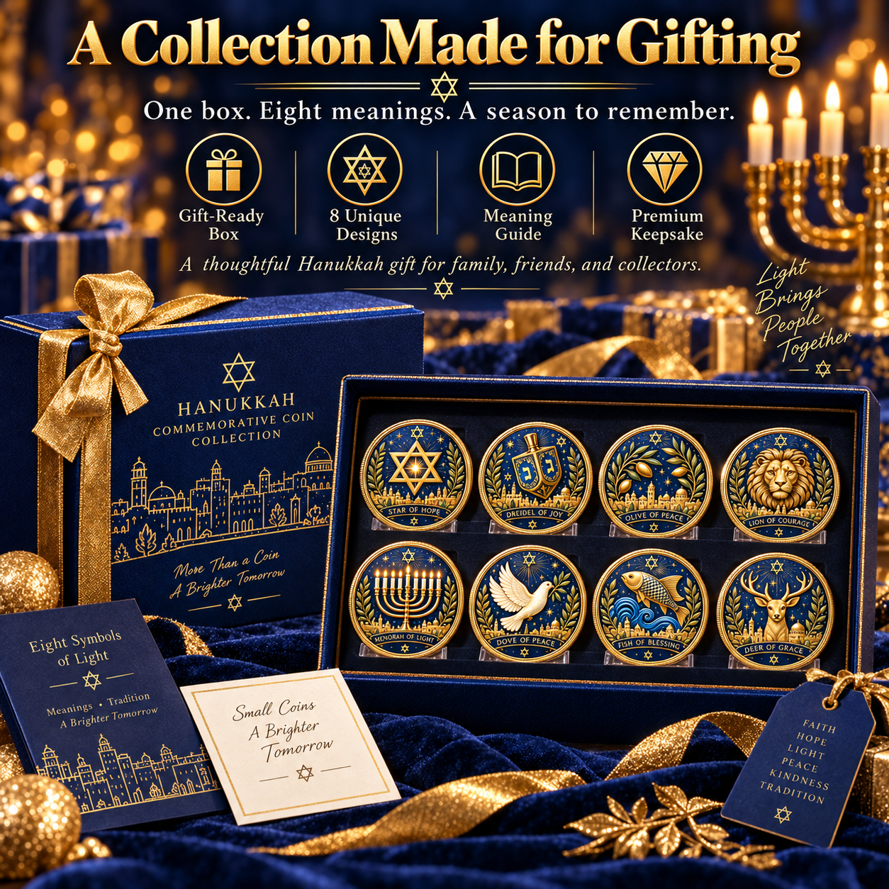 🕎 Eight Symbols of Light – 8-Piece Hanukkah Commemorative Coin Collection