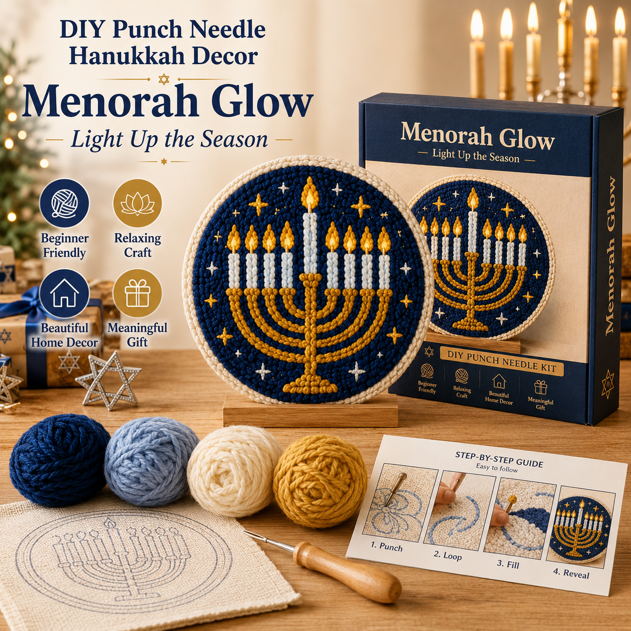 🧵 DIY Hanukkah Punch Needle Decor Kit – 6 Festive Designs