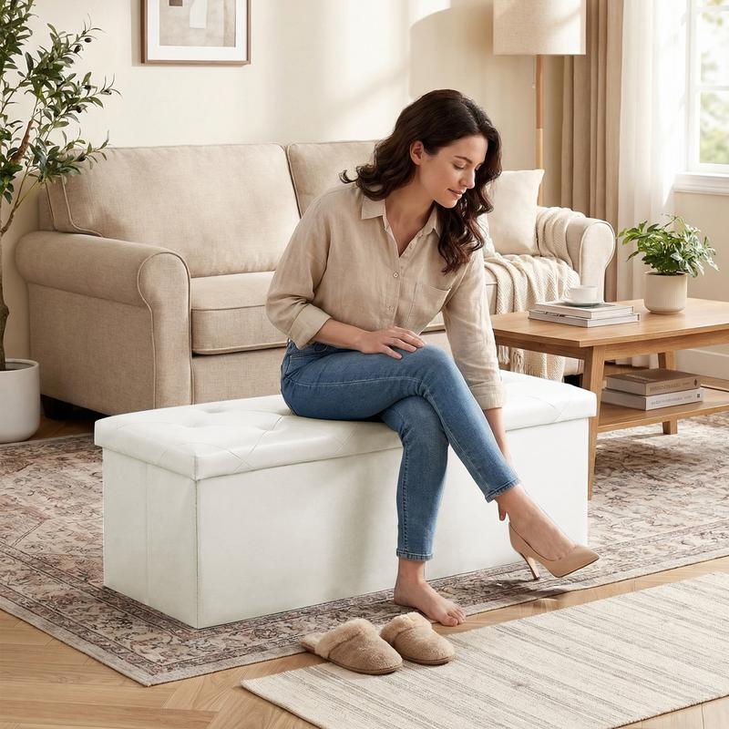 【NUEVO COLOR】Banco otomano de almacenamiento plegable, taburete reposapiés con asiento acolchado, baúl grande para juguetes con asiento; soporta hasta 660 libras.