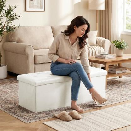 【NUEVO COLOR】Banco otomano de almacenamiento plegable, taburete reposapiés con asiento acolchado, baúl grande para juguetes con asiento; soporta hasta 660 libras.