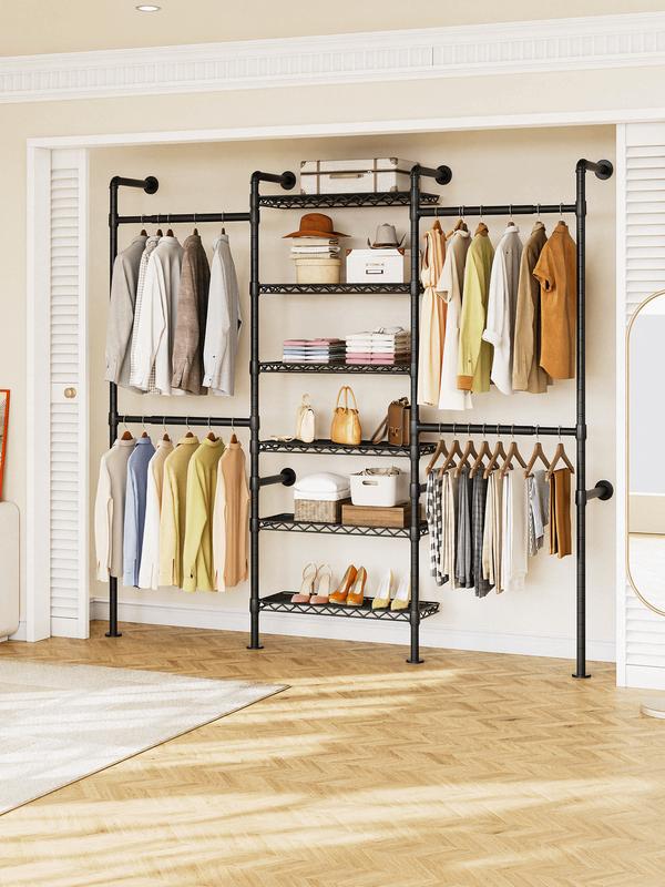 【Máx. 900 libras】 Sistema de armario de pared extensible (18,3-34,6 pulgadas) ONBRILL; perchero de estilo tubería industrial y organizador de armario de alta resistencia para sala de estar o dormitorio.