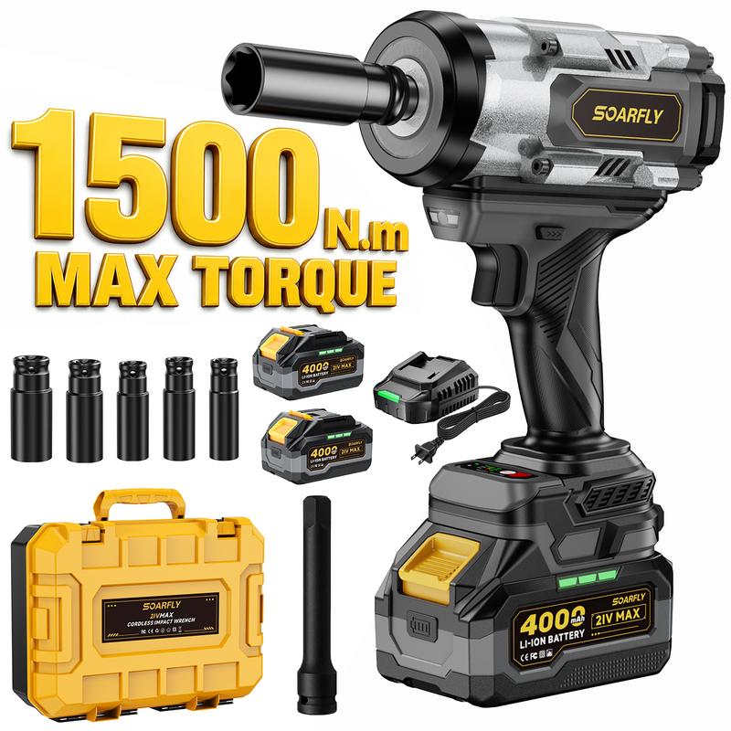 【Alto par de 1200 N·m + Batería doble】 Llave de impacto SOARFLY de 1200 N·m, 2 baterías de 4,0 Ah, cargador rápido, 3000 RPM, 5 vasos y 1 barra de extensión; herramienta eléctrica recargable de alto par para automóviles y camiones.