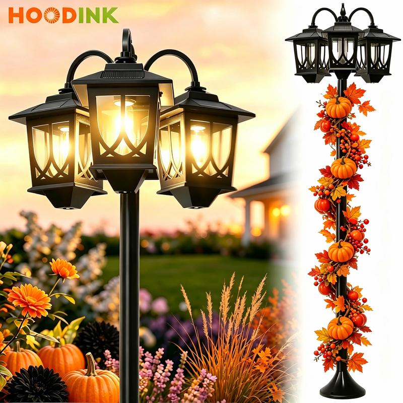 Poste de luz solar Hoodink, lámpara solar de 3 cabezales, iluminación para exteriores, poste de luz impermeable, luces solares para césped, senderos, patio y entradas (delantera/trasera), 60 lúmenes; ideal para decoración, artículos esenciales para dormit