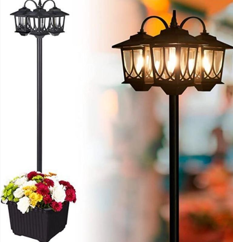 Poste de luz solar Hoodink, lámpara solar de 3 cabezales, iluminación para exteriores, poste de luz impermeable, luces solares para césped, senderos, patio y entradas (delantera/trasera), 60 lúmenes; ideal para decoración, artículos esenciales para dormit