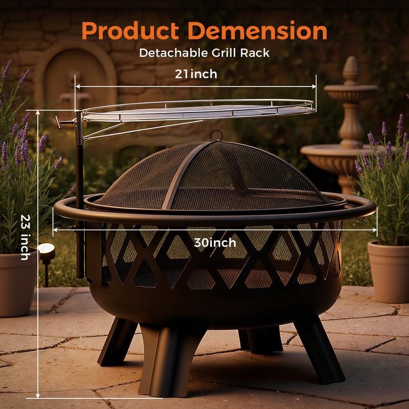 BALI OUTDOORS Fogata de leña 2 en 1 con parrilla de cocción extraíble; incluye rejilla de hierro negro ultrarresistente, rotación de 360 ​​grados y altura ajustable para calefacción y barbacoa; set de fogata para patio.
