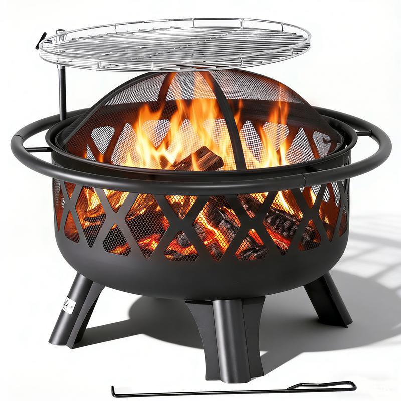 BALI OUTDOORS Fogata de leña 2 en 1 con parrilla de cocción extraíble; incluye rejilla de hierro negro ultrarresistente, rotación de 360 ​​grados y altura ajustable para calefacción y barbacoa; set de fogata para patio.