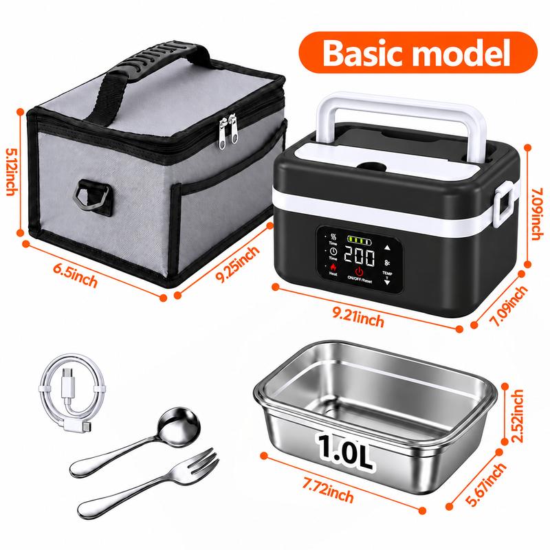 Fiambrera térmica inalámbrica: Lonchera aislada y a prueba de fugas para adultos, fabricada en acero inoxidable no tóxico y ABS; incluye batería de 12 000 mAh, calentamiento hasta 104 °C (220 °F), tapa y tenedor; portátil para oficina o coche, apta para l