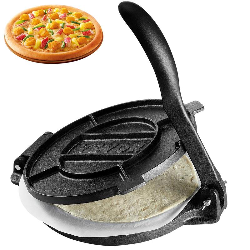 Prensa para tortillas VEVOR de hierro fundido resistente de 10 pulgadas, con revestimiento de aceite de semilla de lino precurado; tortilladora extra grande de superficie lisa que incluye 100 hojas de papel de horno y silicona; utensilio de cocina platead