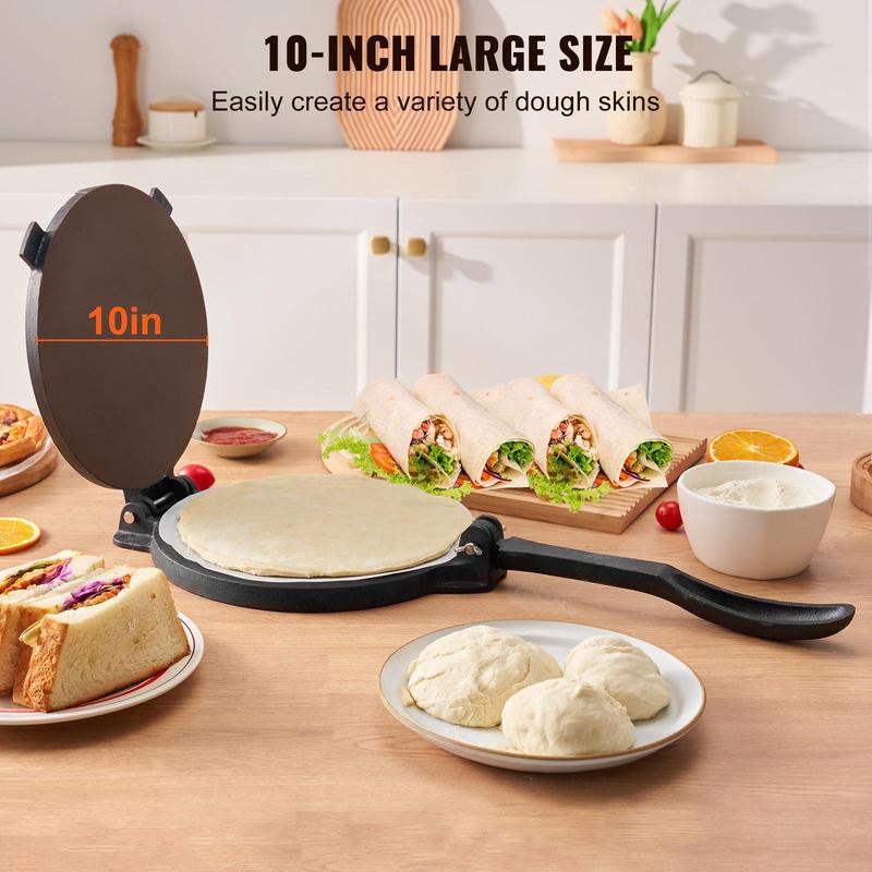 Prensa para tortillas VEVOR de hierro fundido resistente de 10 pulgadas, con revestimiento de aceite de semilla de lino precurado; tortilladora extra grande de superficie lisa que incluye 100 hojas de papel de horno y silicona; utensilio de cocina platead