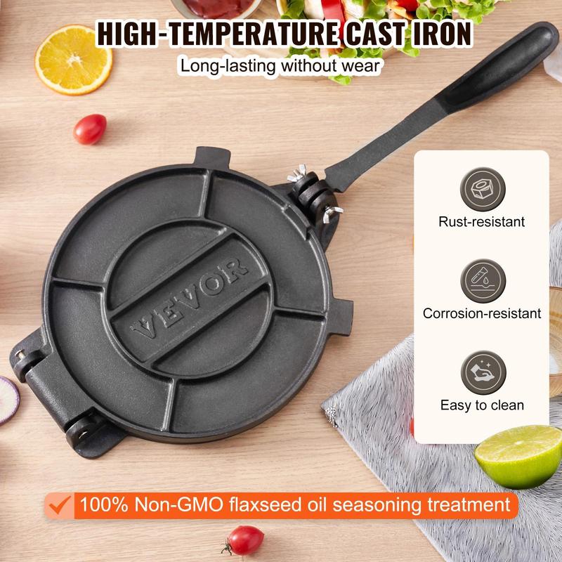 Prensa para tortillas VEVOR de hierro fundido resistente de 10 pulgadas, con revestimiento de aceite de semilla de lino precurado; tortilladora extra grande de superficie lisa que incluye 100 hojas de papel de horno y silicona; utensilio de cocina platead