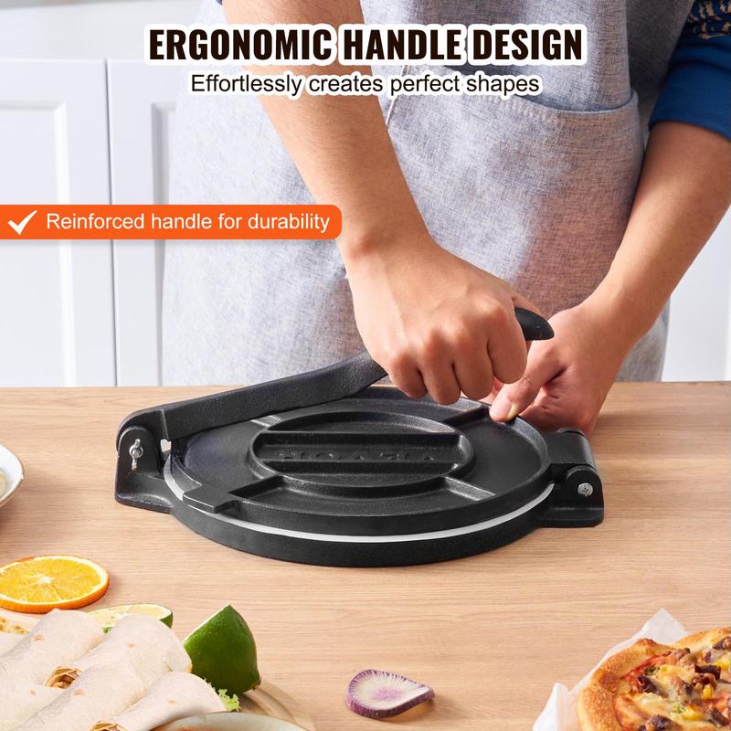 Prensa para tortillas VEVOR de hierro fundido resistente de 10 pulgadas, con revestimiento de aceite de semilla de lino precurado; tortilladora extra grande de superficie lisa que incluye 100 hojas de papel de horno y silicona; utensilio de cocina platead