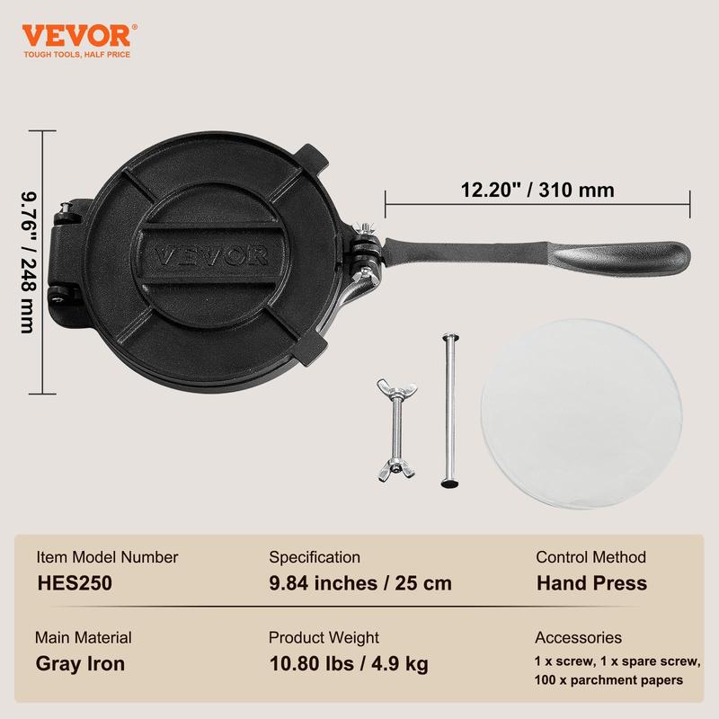 Prensa para tortillas VEVOR de hierro fundido resistente de 10 pulgadas, con revestimiento de aceite de semilla de lino precurado; tortilladora extra grande de superficie lisa que incluye 100 hojas de papel de horno y silicona; utensilio de cocina platead