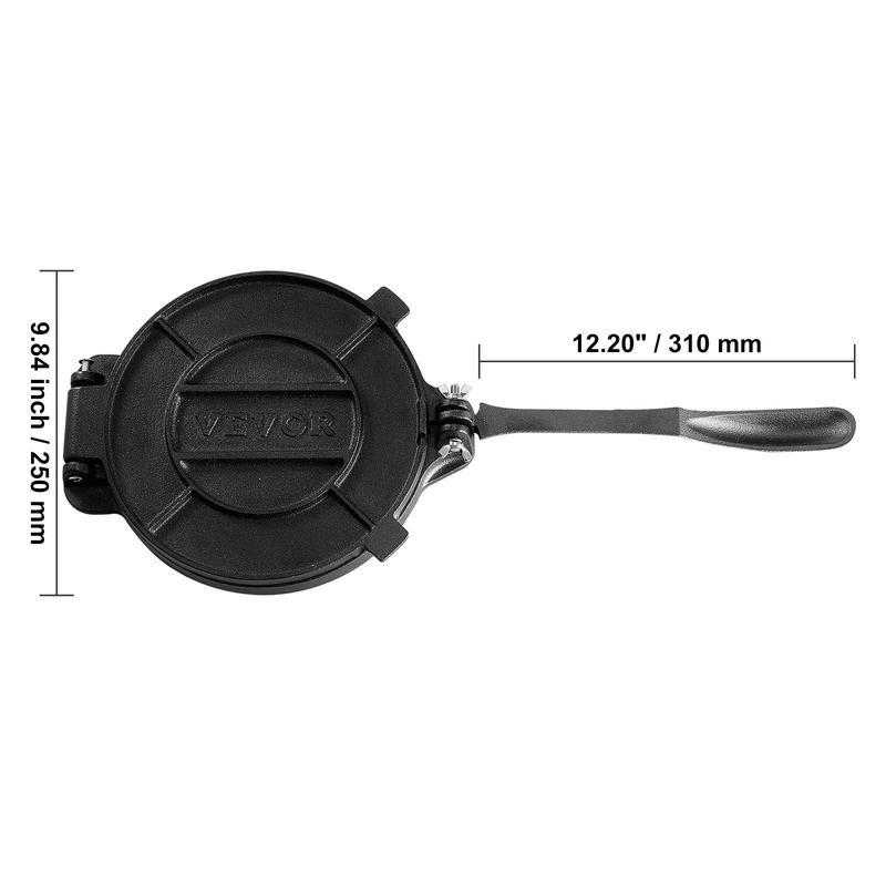 Prensa para tortillas VEVOR de hierro fundido resistente de 10 pulgadas, con revestimiento de aceite de semilla de lino precurado; tortilladora extra grande de superficie lisa que incluye 100 hojas de papel de horno y silicona; utensilio de cocina platead
