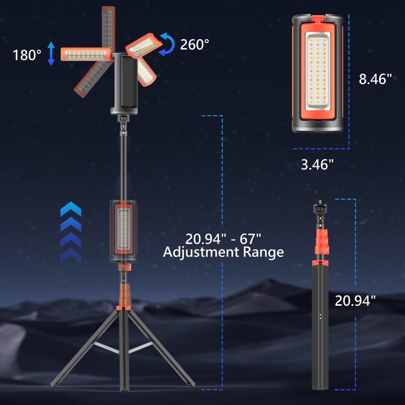 Linterna de camping LED de 3 cabezales con trípode ajustable de 170 cm (67 pulgadas), luces de trabajo portátiles recargables, batería externa de 10 000 mAh, cabezal desmontable, linterna colgante; regalo ideal para hombres, accesorios para adultos, artíc