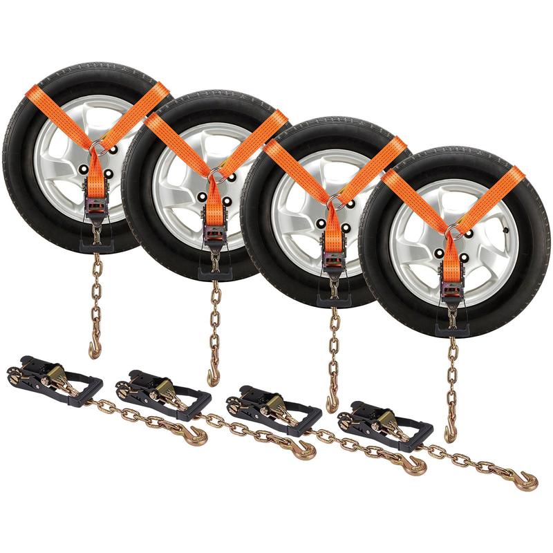 Correas de trinquete VEVOR de alta resistencia para carga, vehículos y remolques; paquete de 4 unidades de poliéster (estilo lazo) de 2" x 120" con anclajes de cadena, trinquete de perfil bajo, ganchos metálicos y empuñadura moldeada; carga de trabajo de 