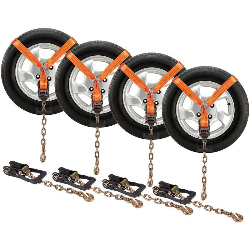 Correas de trinquete VEVOR de alta resistencia para carga, vehículos y remolques; paquete de 4 unidades de poliéster (estilo lazo) de 2" x 120" con anclajes de cadena, trinquete de perfil bajo, ganchos metálicos y empuñadura moldeada; carga de trabajo de