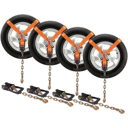 Correas de trinquete VEVOR de alta resistencia para carga, vehículos y remolques; paquete de 4 unidades de poliéster (estilo lazo) de 2" x 120" con anclajes de cadena, trinquete de perfil bajo, ganchos metálicos y empuñadura moldeada; carga de trabajo de 