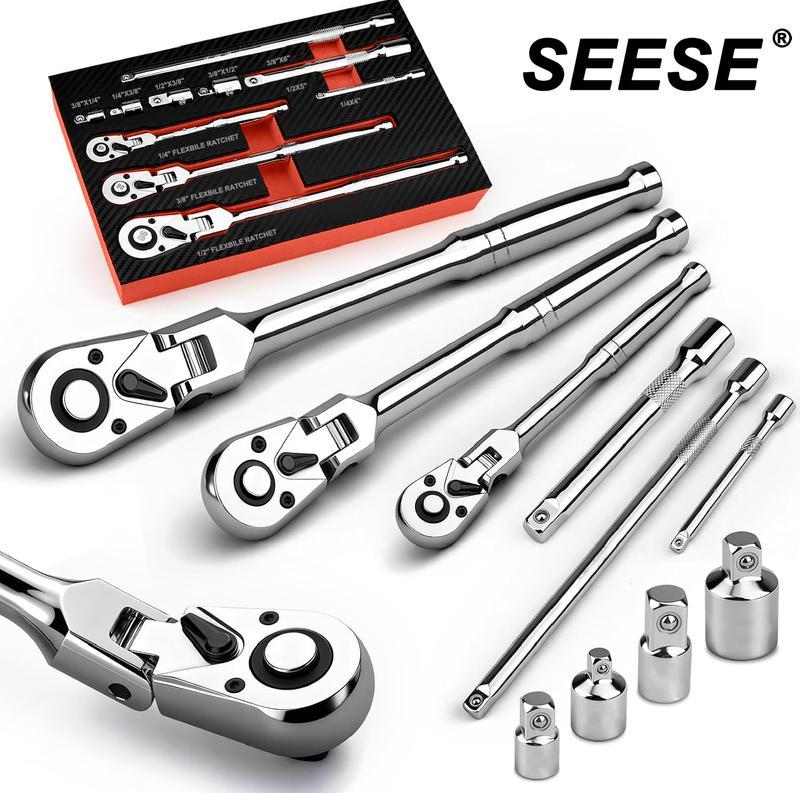 Juego de llaves de carraca SEESE de 10 piezas con cabezal flexible; incluye llaves de accionamiento de 1/4", 3/8" y 1/2" con cabezal giratorio, barra de extensión y juego de 4 adaptadores; mangos de 72 dientes con diseño reversible y liberación rápida; id