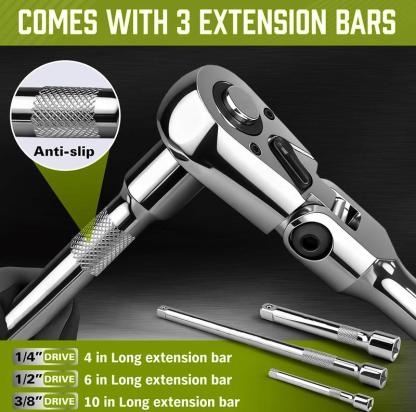 Juego de llaves de carraca SEESE de 10 piezas con cabezal flexible; incluye llaves de accionamiento de 1/4", 3/8" y 1/2" con cabezal giratorio, barra de extensión y juego de 4 adaptadores; mangos de 72 dientes con diseño reversible y liberación rápida; id