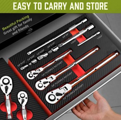 Juego de llaves de carraca SEESE de 10 piezas con cabezal flexible; incluye llaves de accionamiento de 1/4", 3/8" y 1/2" con cabezal giratorio, barra de extensión y juego de 4 adaptadores; mangos de 72 dientes con diseño reversible y liberación rápida; id