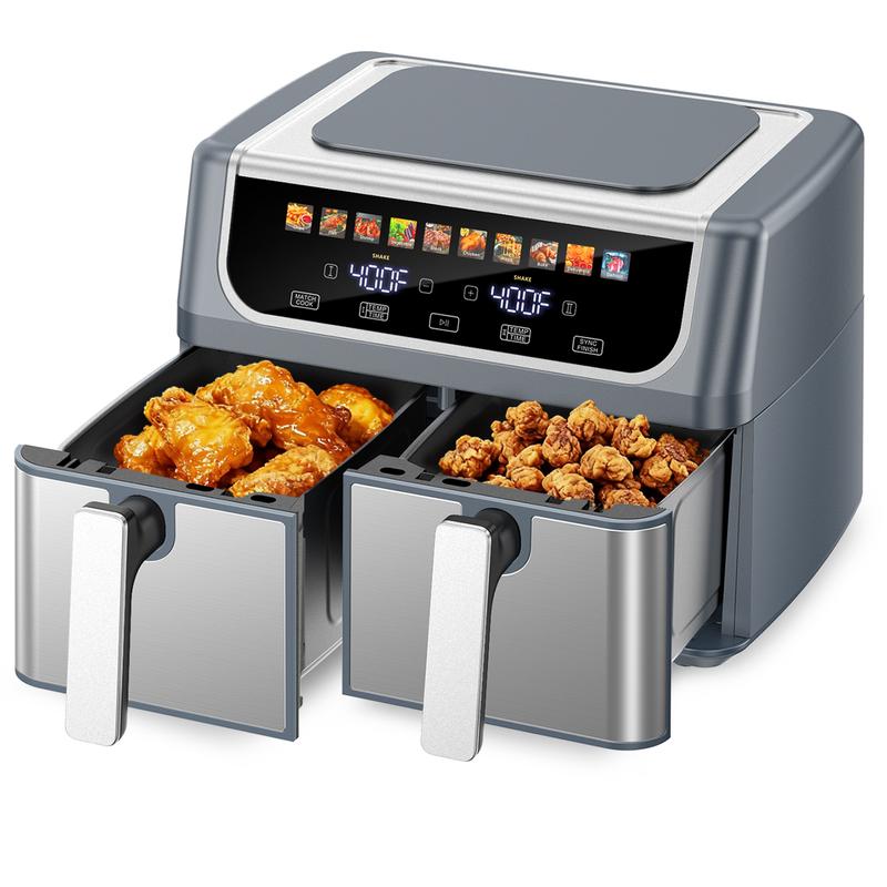 Freidora de aire digital Sweetcrispy de doble zona y doble cesta (capacidad de 9 cuartos de galón): cocina digital inteligente 10 en 1, temperatura ajustable de 200 °F a 450 °F, 2 cestas antiadherentes independientes con ventanas de visualización