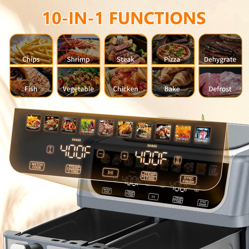 Freidora de aire digital Sweetcrispy de doble zona y doble cesta (capacidad de 9 cuartos de galón): cocina digital inteligente 10 en 1, temperatura ajustable de 200 °F a 450 °F, 2 cestas antiadherentes independientes con ventanas de visualización