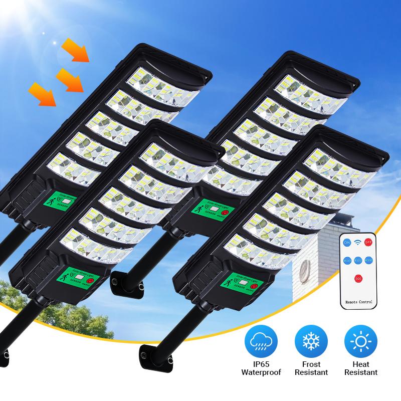 Qawtor Paquete de 4 farolas solares exteriores impermeables con sensor crepuscular, luces solares comerciales para estacionamientos con sensor de movimiento, farola solar para patio, exterior