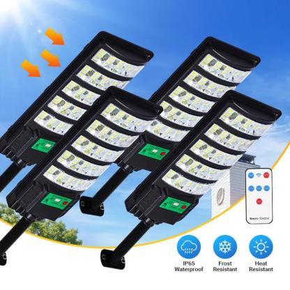 Qawtor Paquete de 4 farolas solares exteriores impermeables con sensor crepuscular, luces solares comerciales para estacionamientos con sensor de movimiento, farola solar para patio, exterior