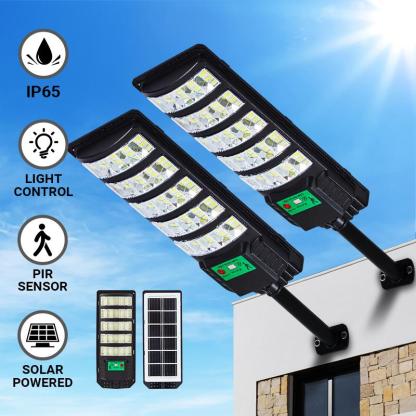 Qawtor Paquete de 4 farolas solares exteriores impermeables con sensor crepuscular, luces solares comerciales para estacionamientos con sensor de movimiento, farola solar para patio, exterior