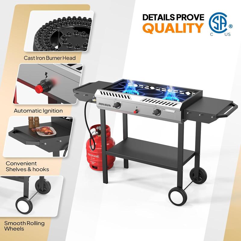 Hornillo de gas propano para exteriores ROVSUN (2 o 3 quemadores) con encendido automático, regulador y estantes laterales; potente cocina con soporte (150.000/225.000 BTU) ideal para cocinar en el patio, elaboración de cerveza casera, conservas y freír p