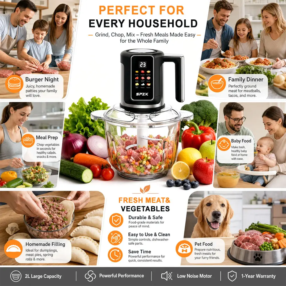 Picadora de carne eléctrica multifunción SPZTJK de 3 litros con pantalla a color - Trituradora de carne de cocina de 110 V