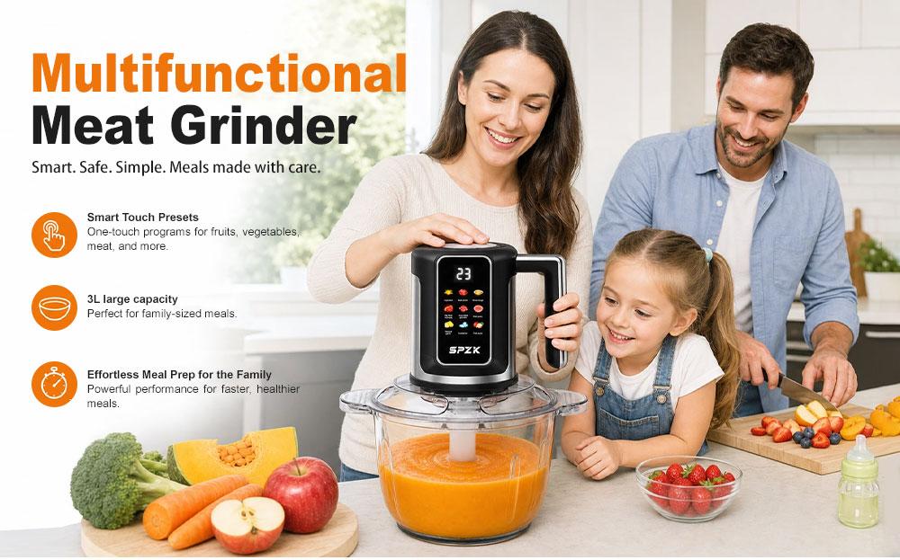 SPZTJK 3L Color Screen 110V Electric Multi-Function Meat Grinder - Compact Kitchen Gadget, Meat Chopper, Slicer-Shredder Attachment, 2-Blade Mini Food Processor, 2 Dishwasher-Safe Bowls, BPA-Free, Less Scrubbing for Home Kitchen Use