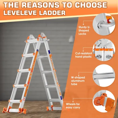 Escalera extensible multiposición LEVELEVE — Convertible a diferentes modos, escalera de tijera tipo A con barras estabilizadoras, diseño de ancho compacto al plegarse, capacidad de carga de 330 lb, con ruedas; segura para uso doméstico y trabajos en tech