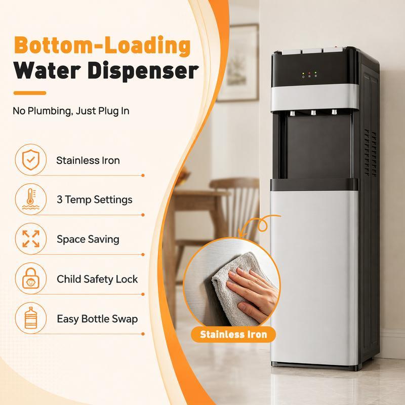 Dispensador de agua Sweetcrispy de 5 galones con carga inferior, de acero inoxidable, 3 ajustes de temperatura (caliente, ambiente, fría), bloqueo de seguridad para niños, control de temperatura para dispensadores y enfriadores de agua automáticos en el h