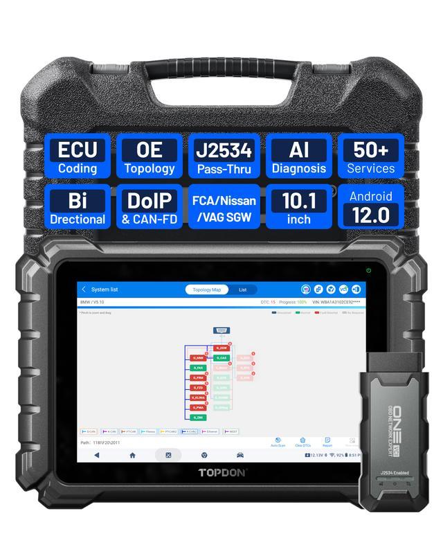 [Summervibes] TOPDON ONE — Herramienta de diagnóstico automotriz bidireccional de 10.1" (Escáner OBD2), con función Pass-Thru J2534, codificación de ECU, más de 50 servicios, escaneo completo de sistemas (TopFix AI) y mapeo de topología OE.