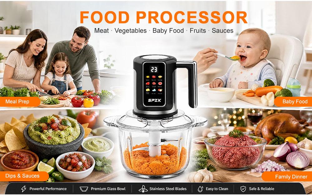 SPZTJK 3L Color Screen 110V Electric Multi-Function Meat Grinder - Compact Kitchen Gadget, Meat Chopper, Slicer-Shredder Attachment, 2-Blade Mini Food Processor, 2 Dishwasher-Safe Bowls, BPA-Free, Less Scrubbing for Home Kitchen Use