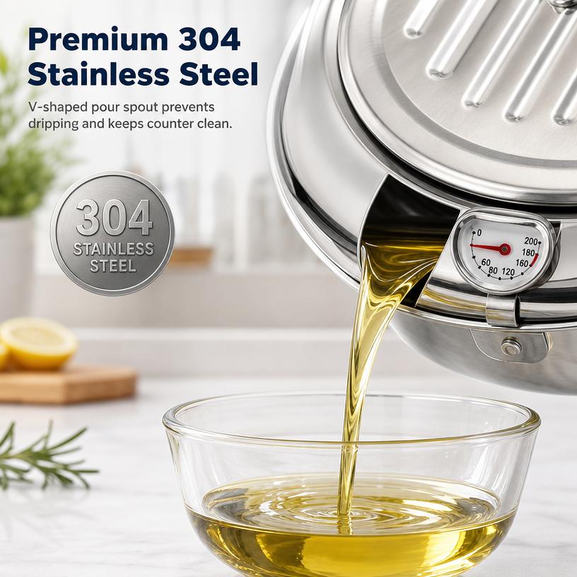 304 Grade Stainless Steel Deep Fryer Pot - Japanese Style, with Thermometer, Oil Drip Drainer Rack, Temp Control, Induction Safe for Gas Stoves, French Fries, Chicken Wings