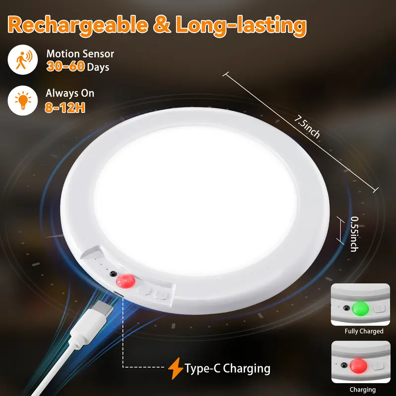 Lámparas de techo LED recargables GIVRYES, paquete de 2, 3 modos de color, sensor de movimiento con control remoto, iluminación inalámbrica magnética a batería, sensor automático y puerto de carga para armario, porche, luces LED