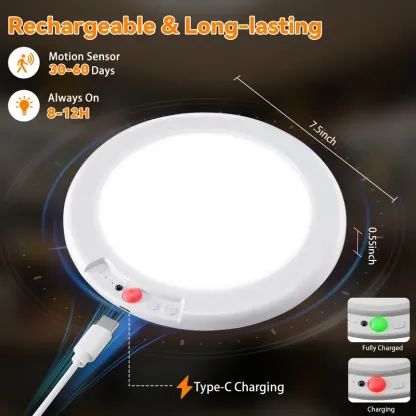 Lámparas de techo LED recargables GIVRYES, paquete de 2, 3 modos de color, sensor de movimiento con control remoto, iluminación inalámbrica magnética a batería, sensor automático y puerto de carga para armario, porche, luces LED