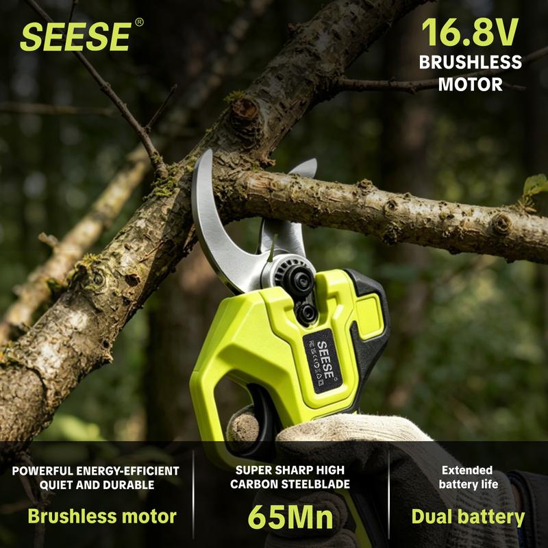 Tijeras de podar eléctricas SEESE para jardinería: tijeras de podar inalámbricas de 3,17 cm (1,25") de corte, motor sin escobillas, batería doble de 21 V para podar árboles y flores.