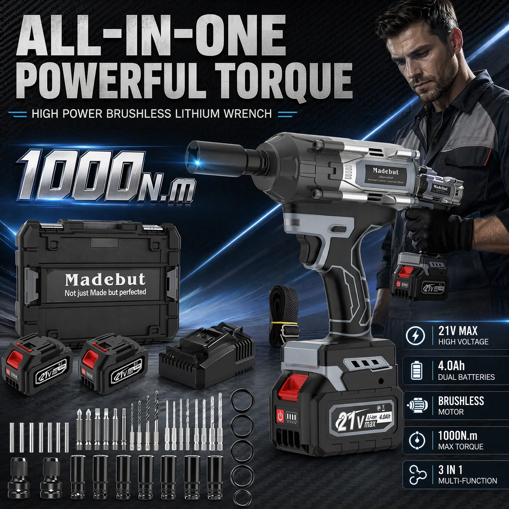 Llave de impacto inalámbrica de 1000 N·m: Pistola eléctrica de alto par