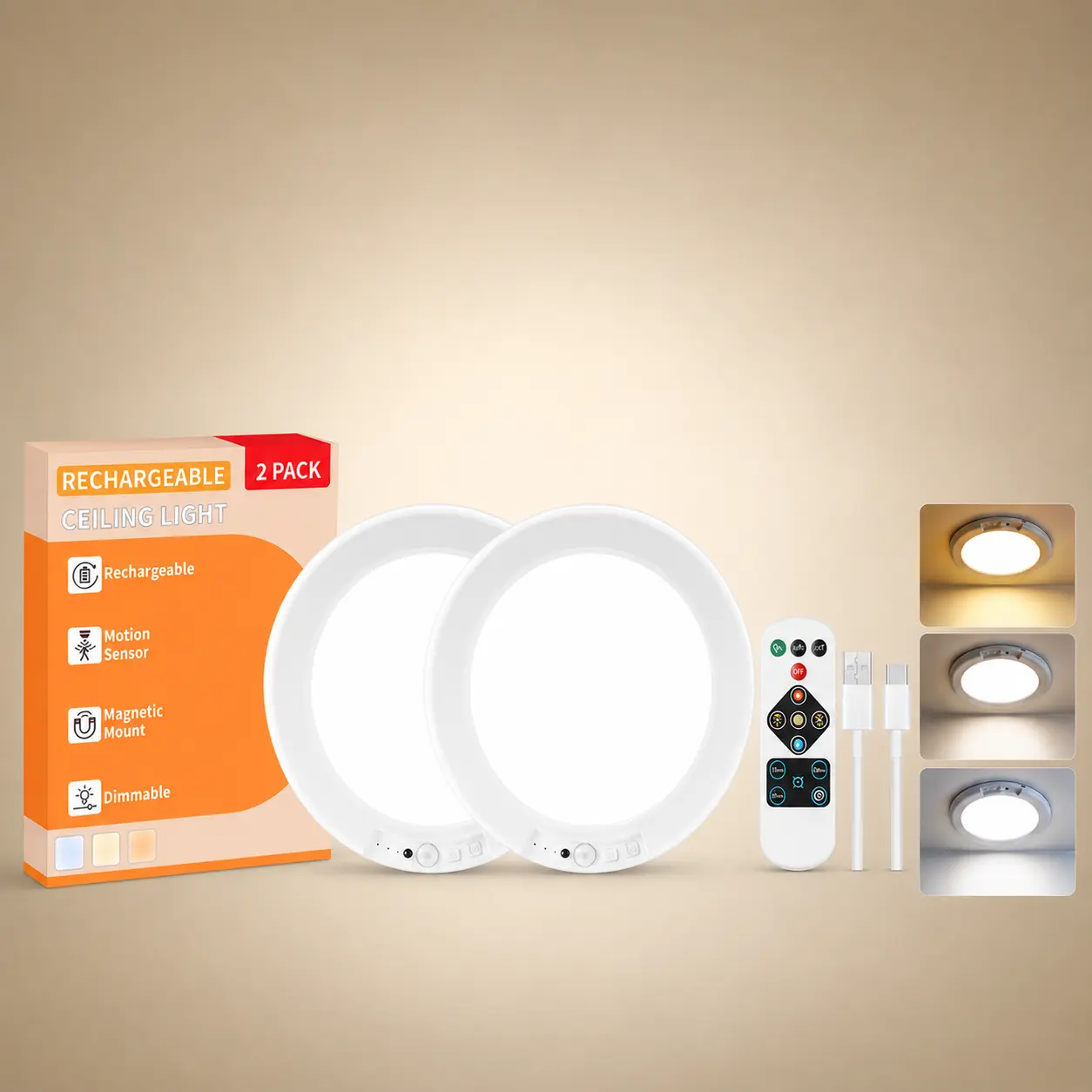 Lámparas de techo LED recargables GIVRYES, paquete de 2, 3 modos de color, sensor de movimiento con control remoto, iluminación inalámbrica magnética a batería, sensor automático y puerto de carga para armario, porche, luces LED