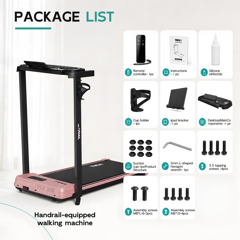Cinta de correr TKW 3 en 1, color rosa, ligera, con motor silencioso, control remoto y ruedas para facilitar la movilidad, pantalla LED y función de vibración.